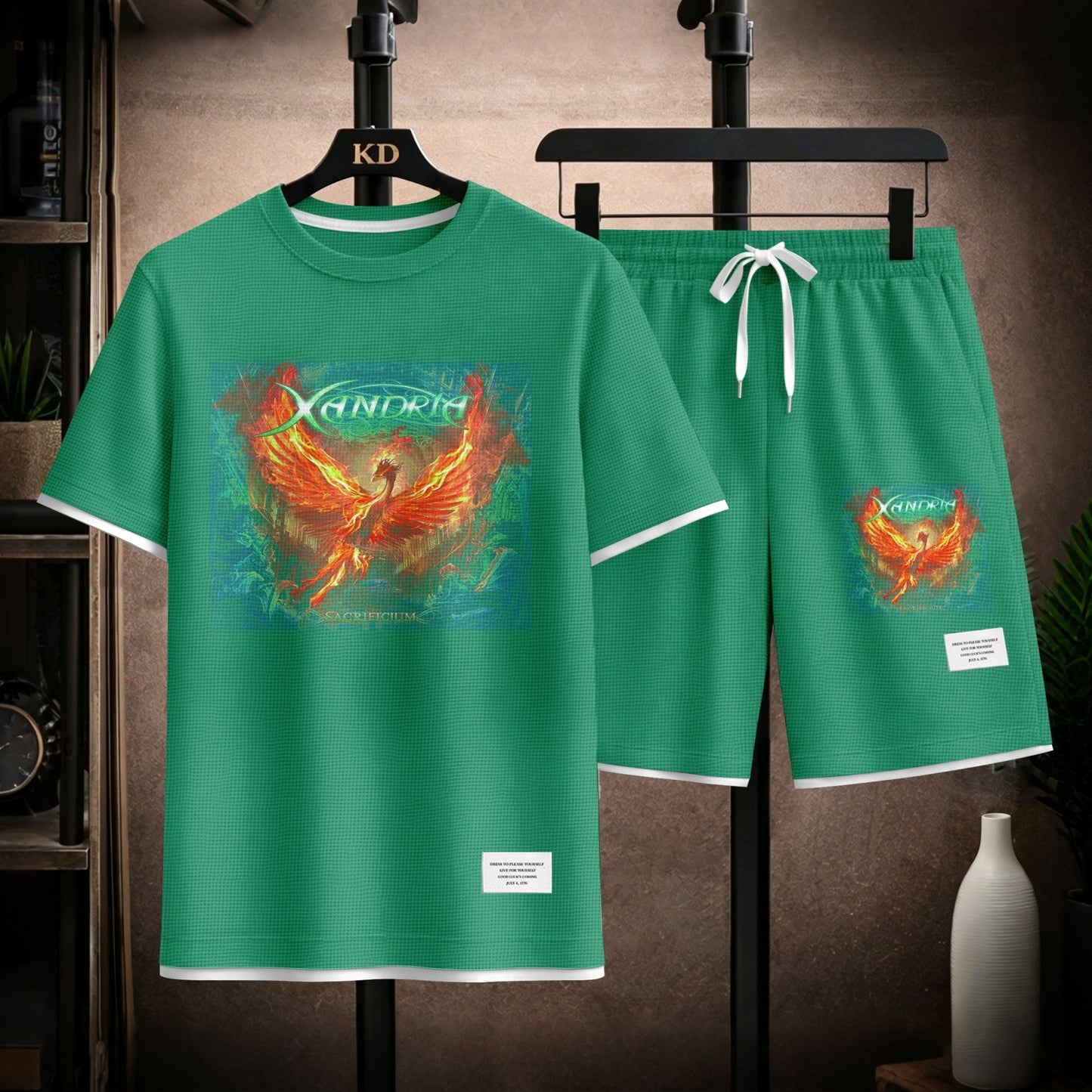 Men's Phoenix Graphic Print Short Sleeve Shirt and Drawstring Shorts Set, Casual Summer Two-Piece Outfit, Lightweight Breathable Relaxed Fit Athletic Set for Daily Wear, Beach, Vacation, Travel and Loungewear