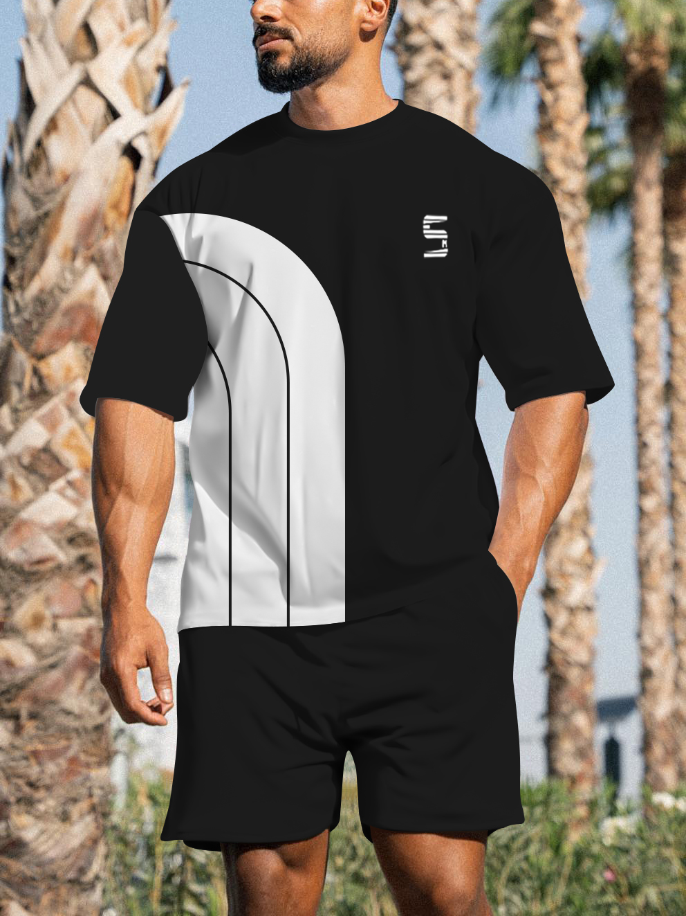 Suitemns Men's Casual Sports Street Simple Color Block Printed Shorts Suit 026
