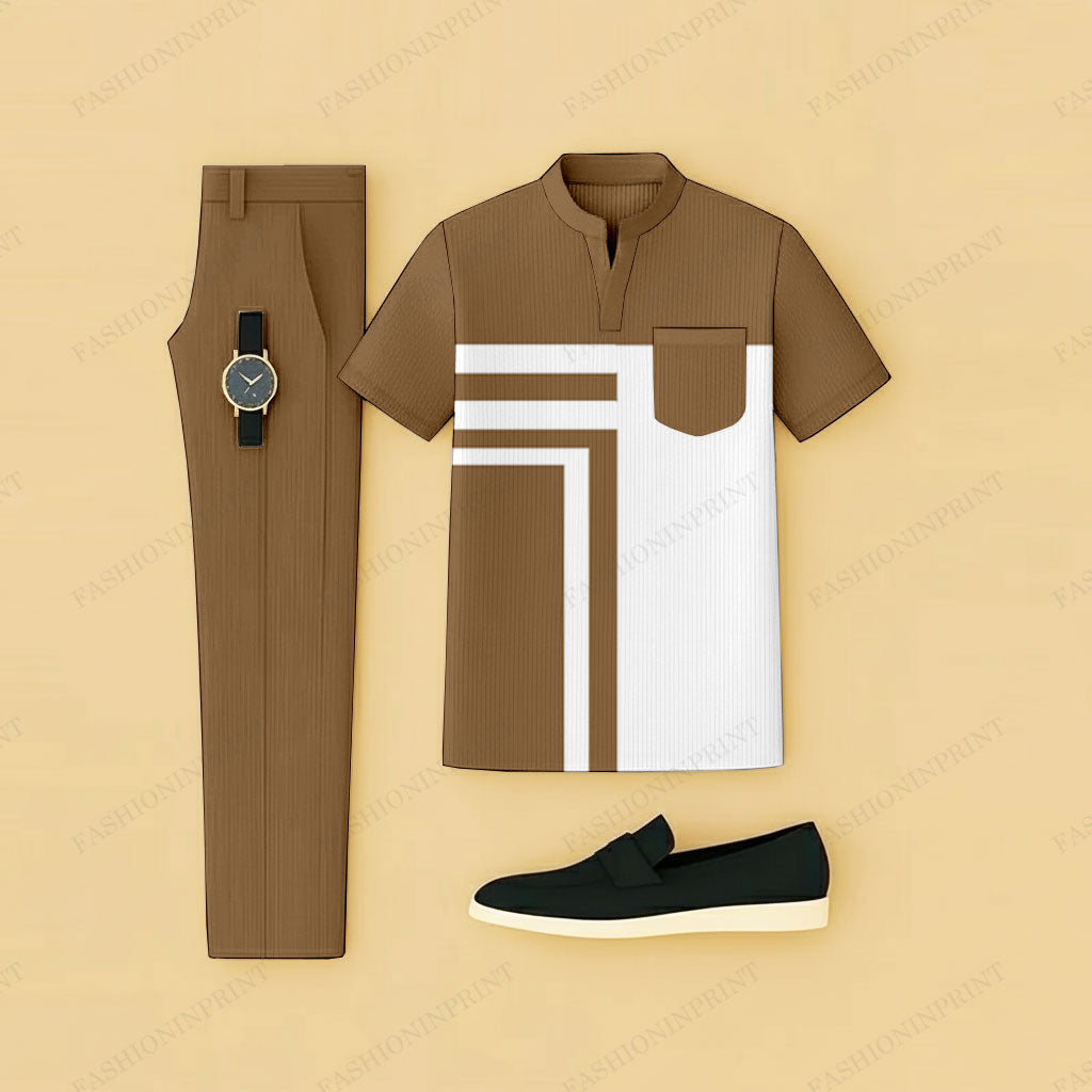 Men's Casual Brown Geometry Printed Short-Sleeve T-Shirt And Pants Two-Piece Set
