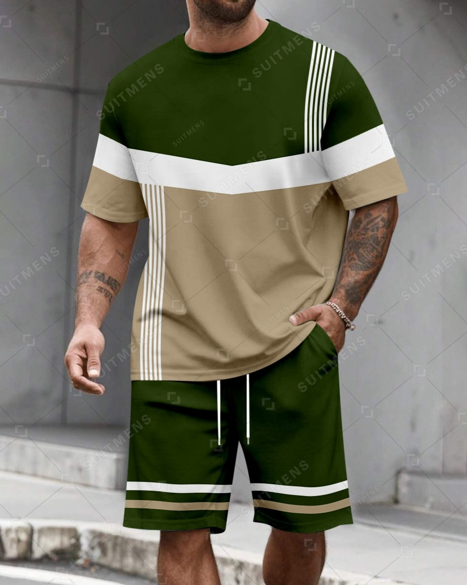 Men's Summer Colorblock Printed Round Neck Set 481