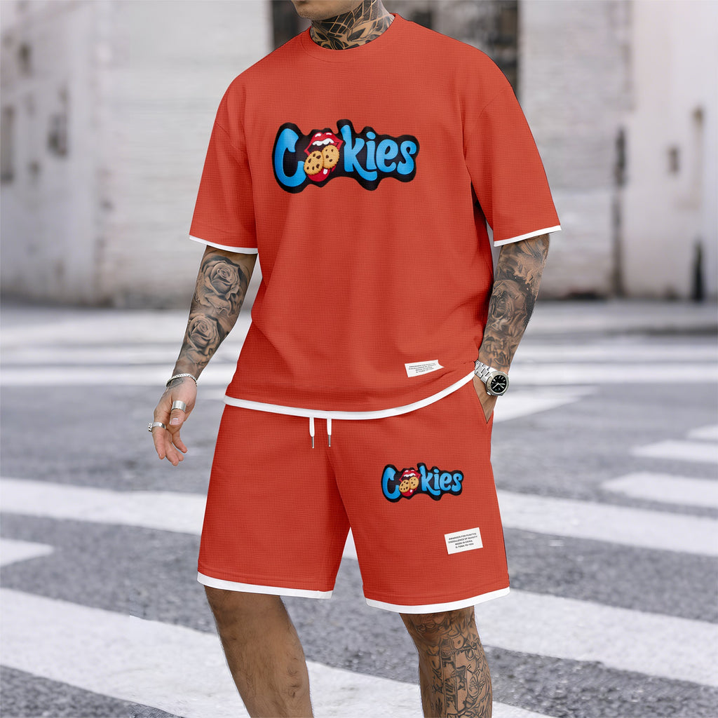 Men's cookie print drawstring shorts set is an ideal choice for spring and summer. This casual summer set includes a short-sleeved shirt and a pair of shorts, suitable for everyday wear and sports