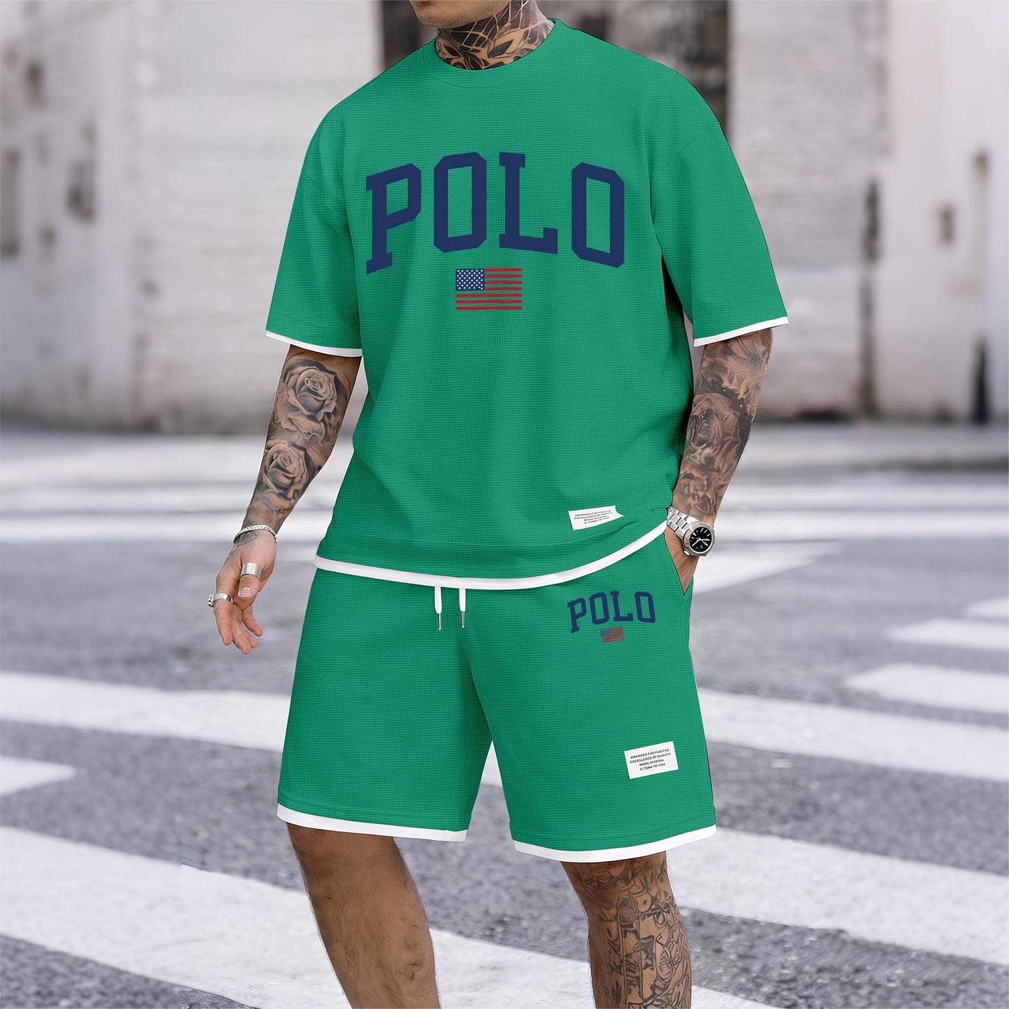 Men's Polo Print Drawstring Shorts Set For Spring/Summer. A Casual Summer Outfit, Including A Short-Sleeved Shirt And Shorts, Suitable For Everyday Wear And Sports. A Two-Piece Set For A Relaxed And Energetic Lifestyle.