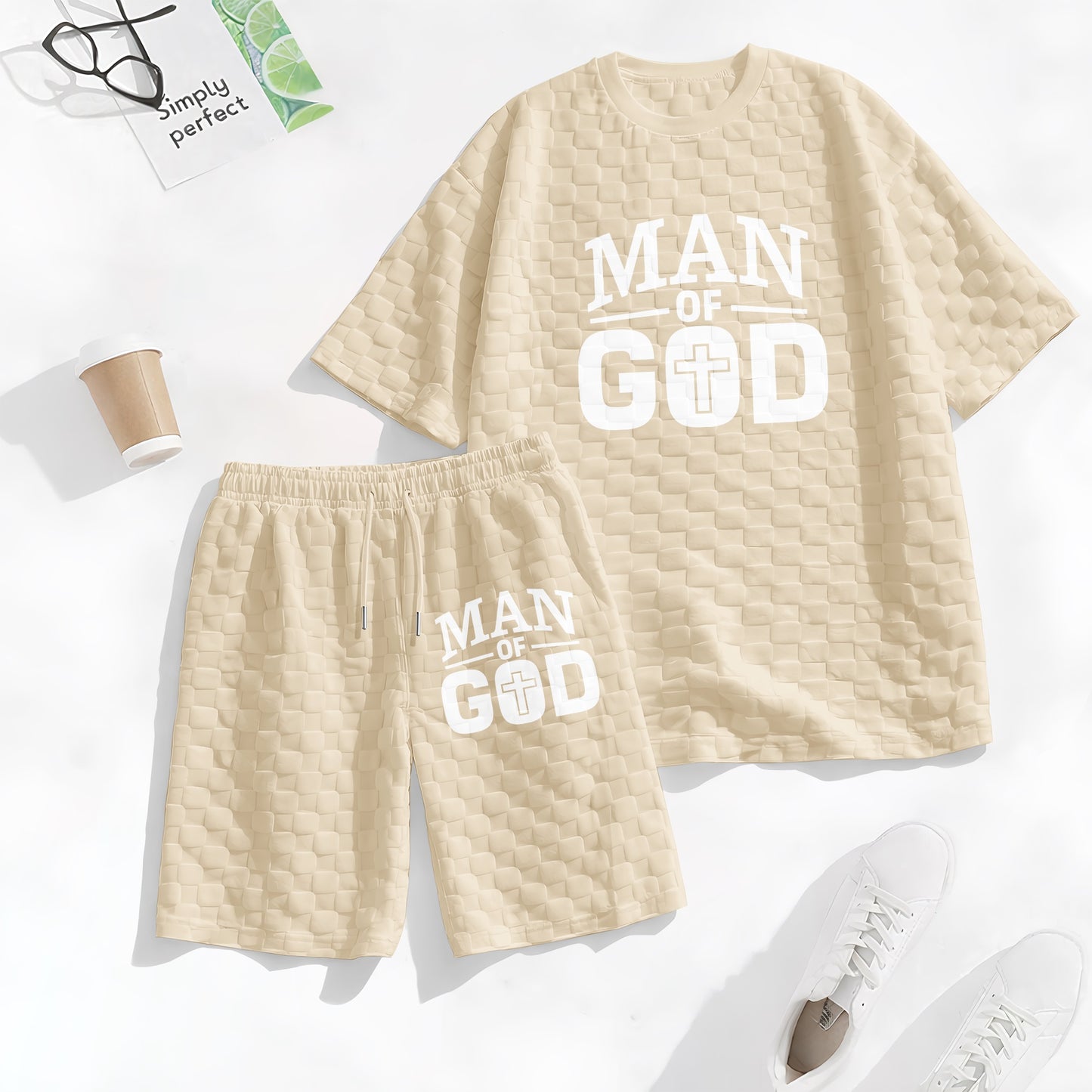Men's Spring and Summer 'Man of God' Letter Print Checkered Fabric Drawstring Shorts Set, Casual Summer Outfit with Short-Sleeved Shirt and Shorts, Ideal for Everyday Wear and Sports Activities.