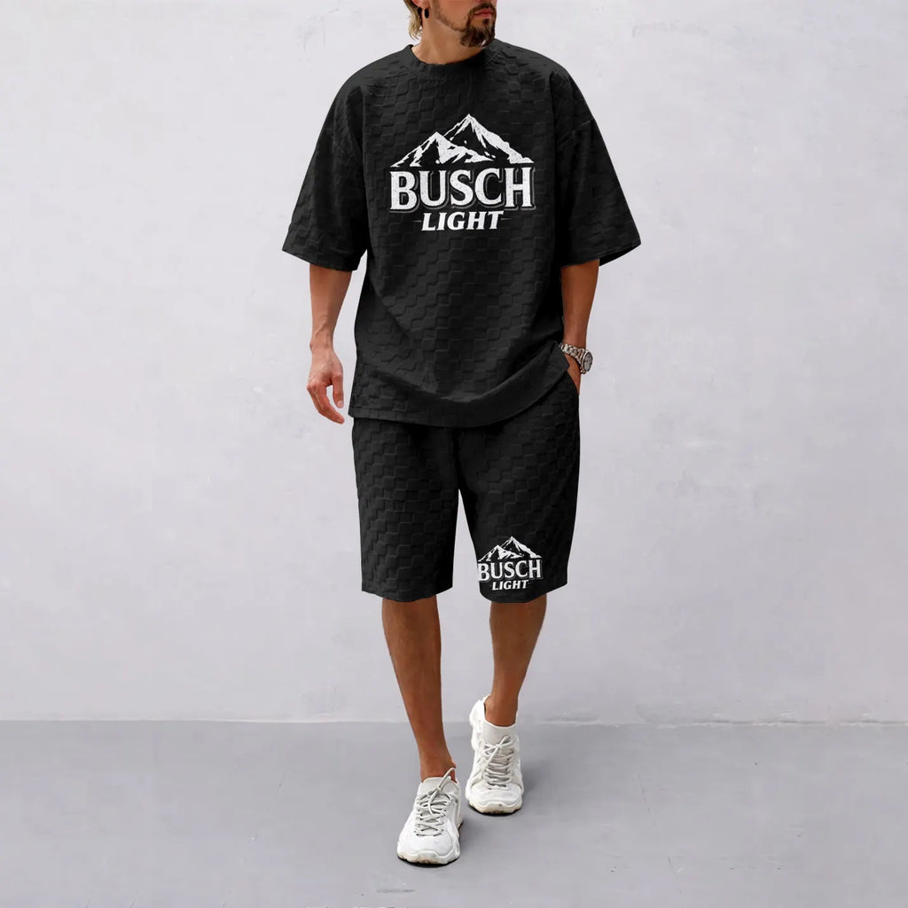 Men's Spring And Summer American Beer Print With Red And Black Line Checkered Fabric Drawstring Shorts Set, Casual Summer Outfit With Short-Sleeved Shirt And Shorts, Ideal For Everyday Wear And Sports Activities