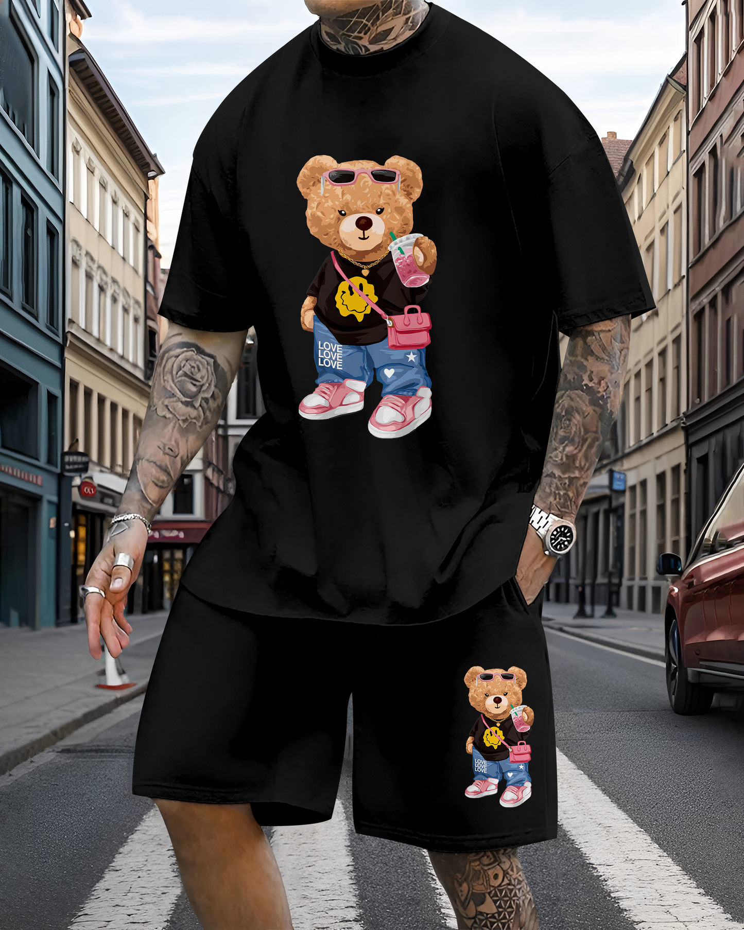 Men's casual fun bear print shorts set 603
