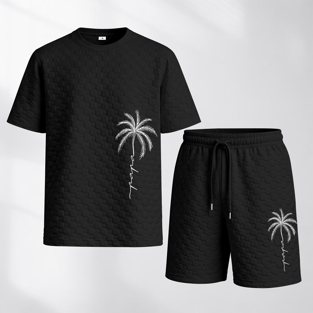 Men's Spring and Summer Palm Tree Print Checkered Fabric Drawstring Shorts Set, Casual Summer Outfit with Short-Sleeved Shirt and Shorts, Ideal for Everyday Wear and Sports Activities.