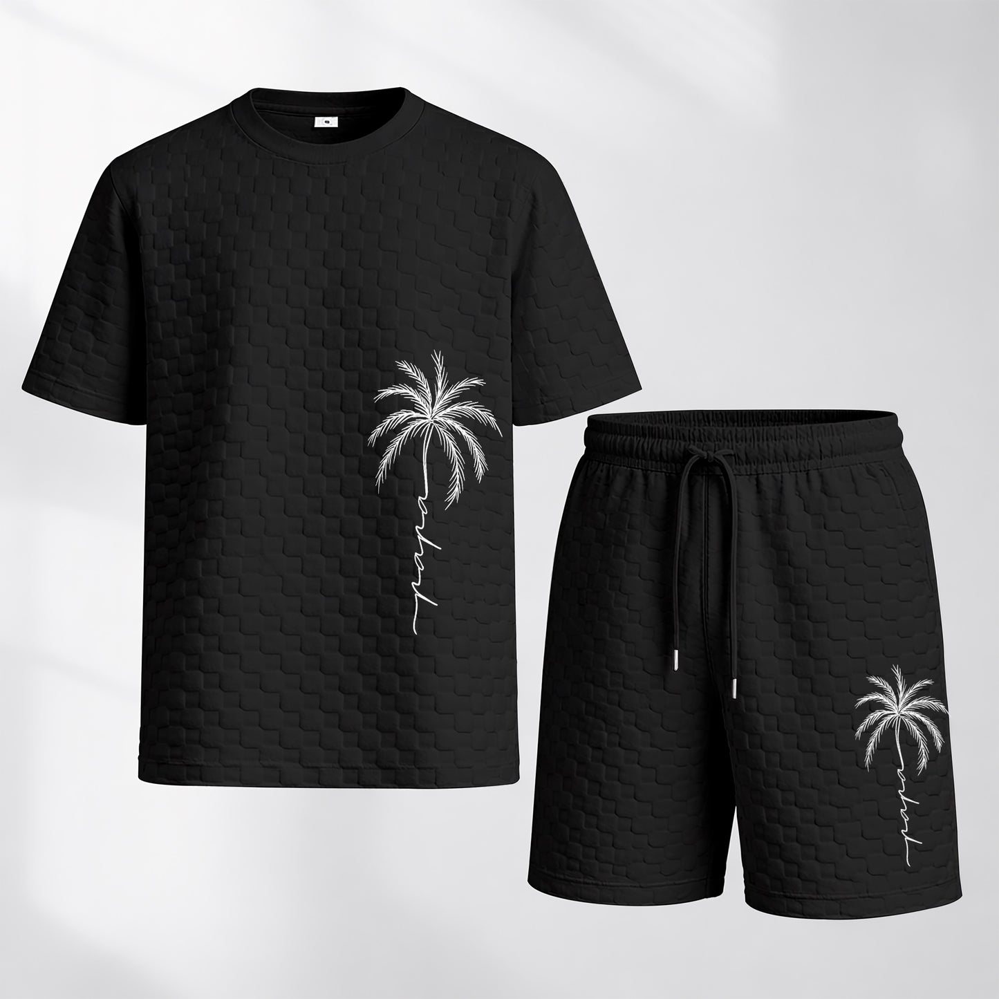 Men's Spring and Summer Palm Tree Print Checkered Fabric Drawstring Shorts Set, Casual Summer Outfit with Short-Sleeved Shirt and Shorts, Ideal for Everyday Wear and Sports Activities.
