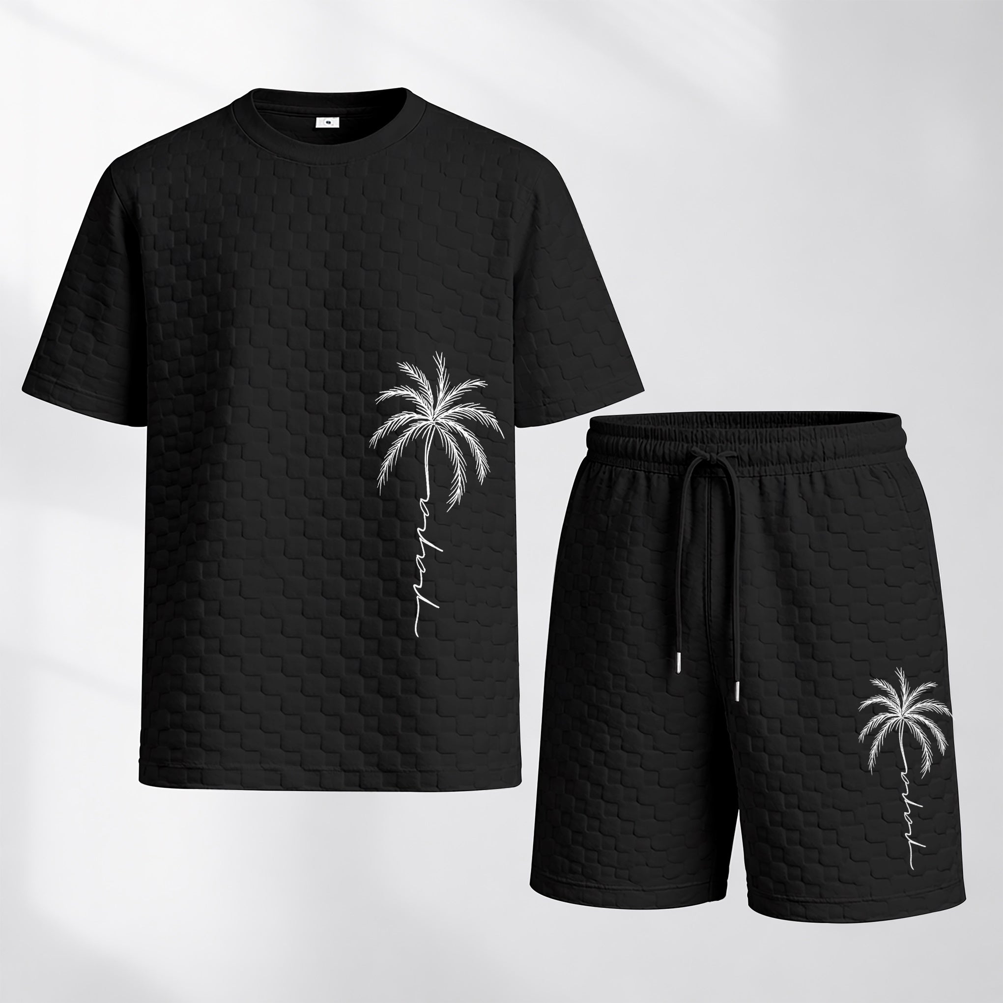 Men's Spring and Summer Palm Tree Print Checkered Fabric Drawstring Shorts Set, Casual Summer Outfit with Short-Sleeved Shirt and Shorts, Ideal for Everyday Wear and Sports Activities.