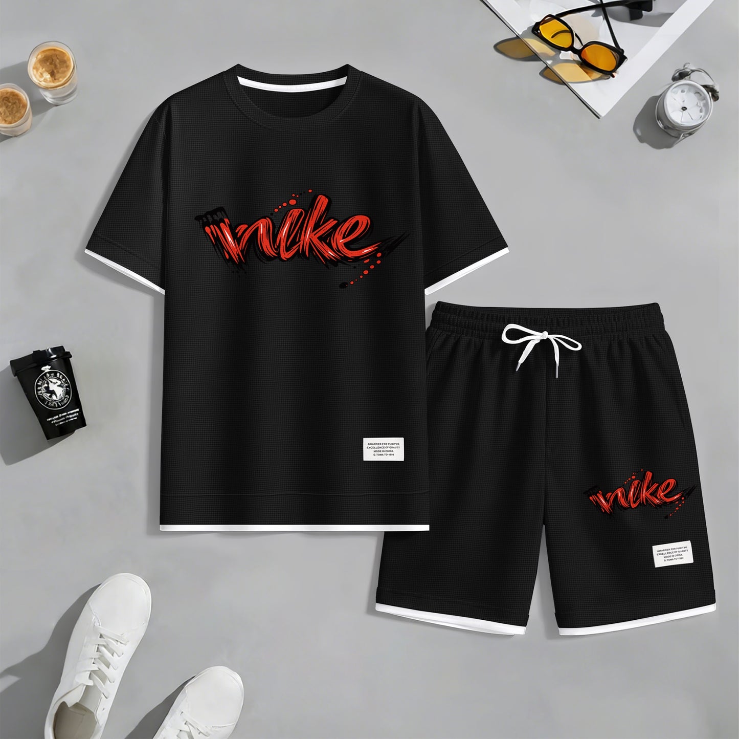 Men's Red Graffiti-Style Art Letter Print Fake Two-Piece Short Sleeve T-Shirt & Shorts Set, Summer Waffle Breathable Sporty Casual Two-Piece Outfit, Streetwear Gym Training Activewear
