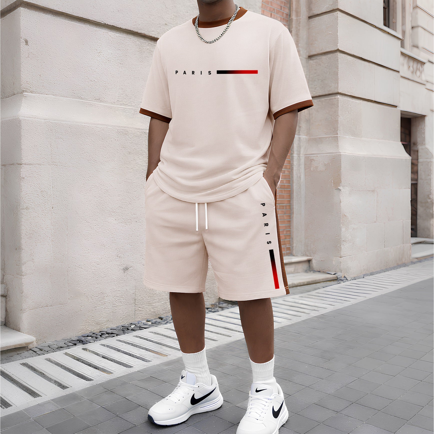 Men's Paris Print Short-Sleeved T-Shirt And Drawstring Shorts Set, Men's Casual Sportswear, Short-Sleeved Top And Shorts, Suitable For Summer Daily Wear, Indoor And Outdoor Sports, Athletic Set.