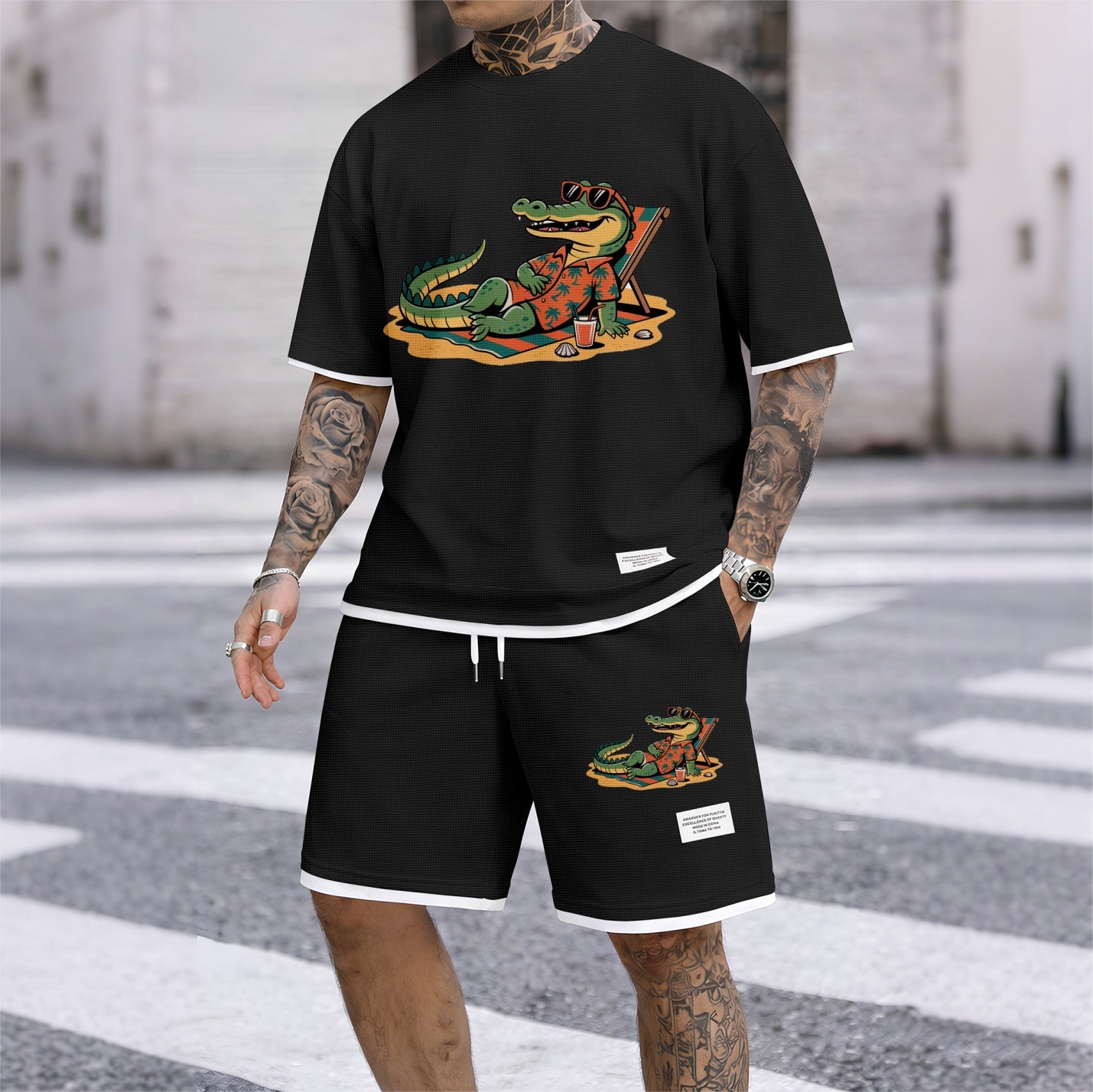 Men's Vacation Funny Animal Graphic Print Short Sleeve Shirt and Drawstring Shorts Set, Casual Summer Two-Piece Outfit, Lightweight Breathable Relaxed Fit Sportswear, Stylish Comfortable Daily Wear Beach Vacation Travel Loungewear