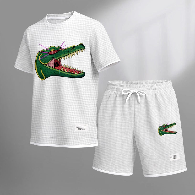 Men's Cartoon Crocodile Head Print Waffle Fabric Short-Sleeved Shirt And Shorts Set