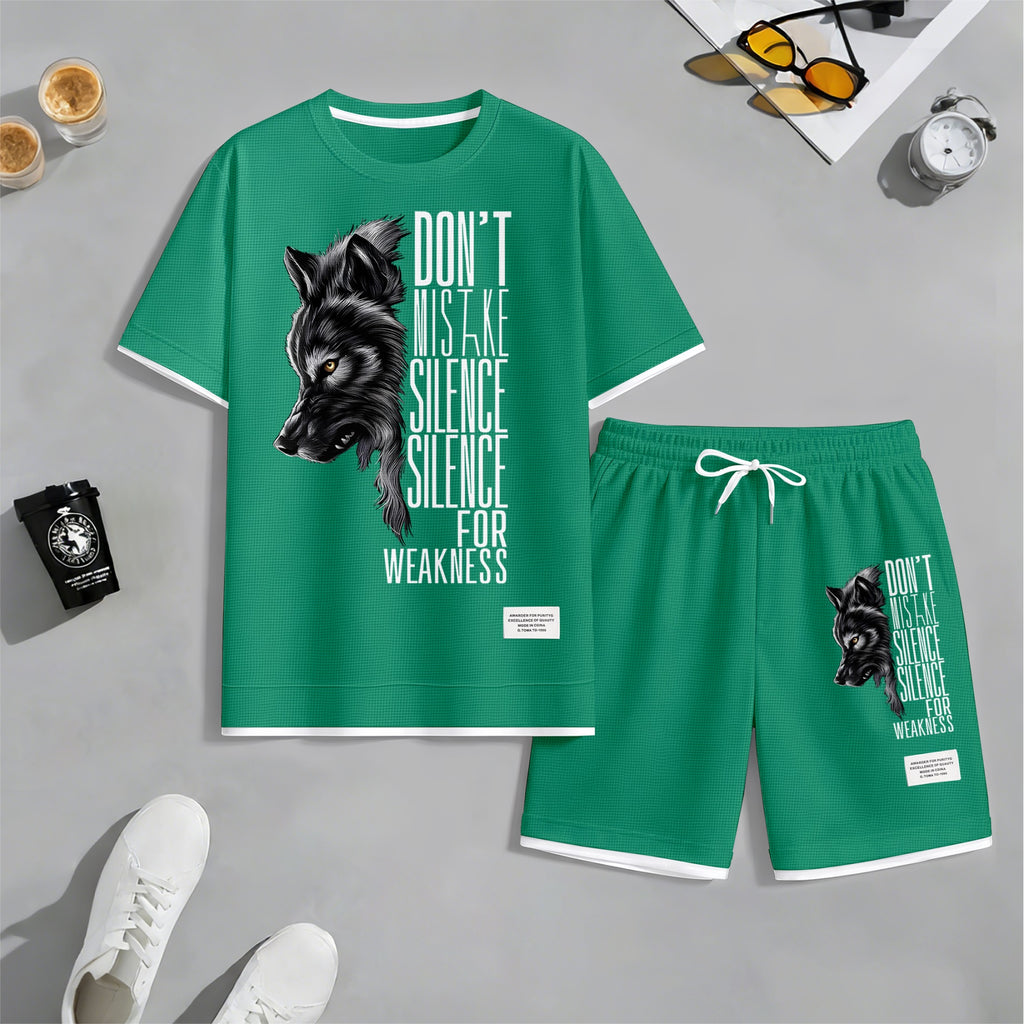 Men's Howling Wolf & "Don't Mistake Silence For Weakness" Quote Graphic Print Waffle Short Sleeve T-Shirt & Shorts Set, Summer Lightweight Casual Sporty Two-Piece Outfit