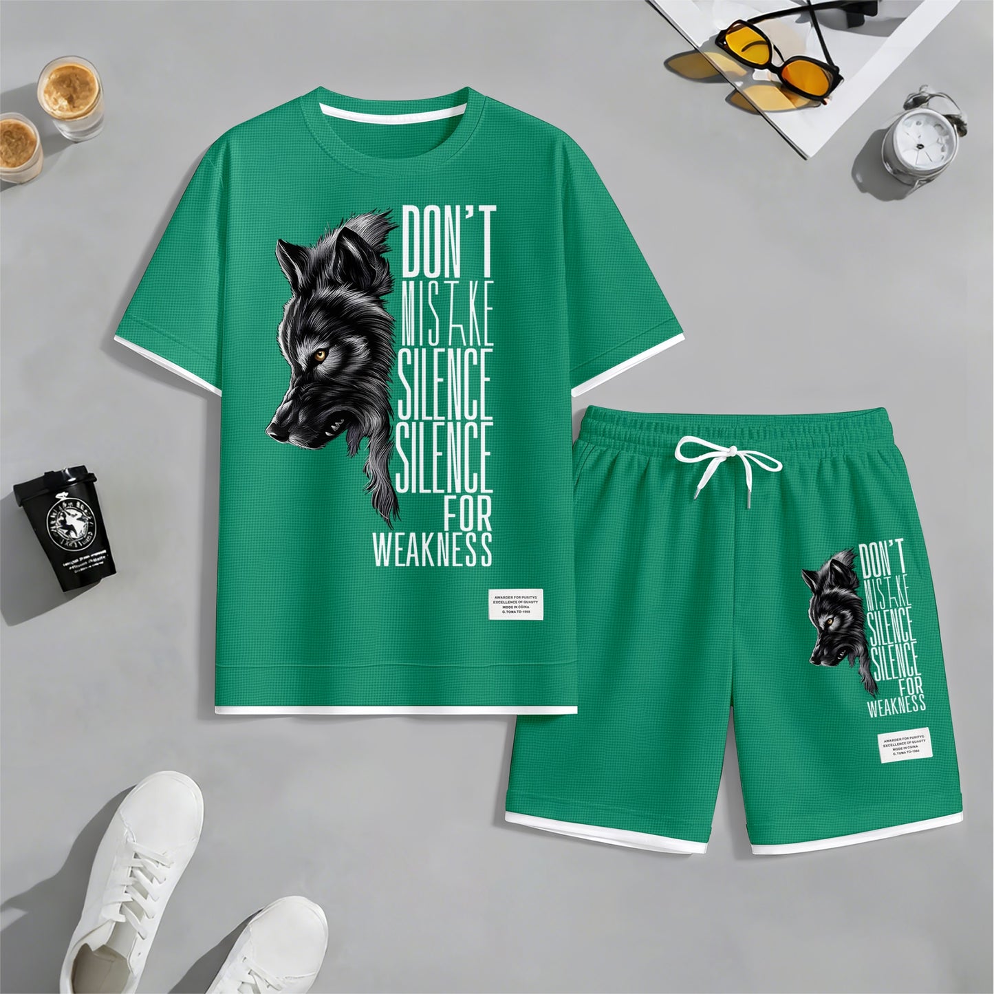 Men's Howling Wolf & "Don't Mistake Silence For Weakness" Quote Graphic Print Waffle Short Sleeve T-Shirt & Shorts Set, Summer Lightweight Casual Sporty Two-Piece Outfit