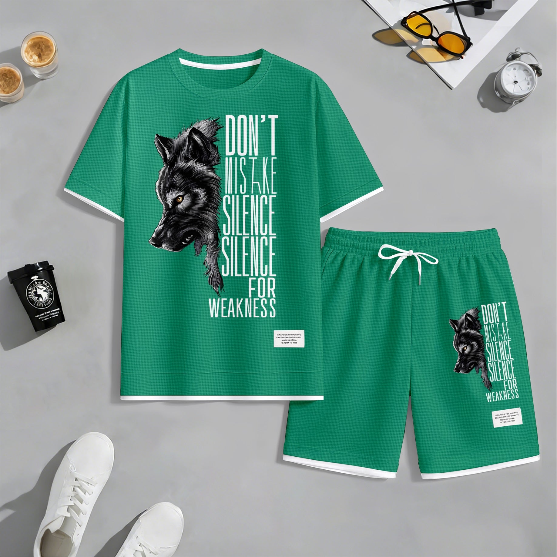 Men's Howling Wolf & "Don't Mistake Silence For Weakness" Quote Graphic Print Waffle Short Sleeve T-Shirt & Shorts Set, Summer Lightweight Casual Sporty Two-Piece Outfit