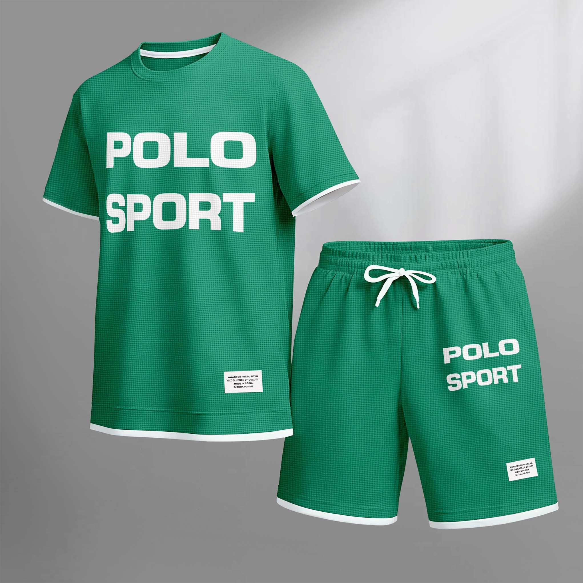 Men's Polo Sport Print Drawstring Shorts Set For Spring/Summer. A Casual Summer Outfit, Including A Short-Sleeved Shirt And Shorts, Suitable For Everyday Wear And Sports. A Two-Piece Set For A Relaxed And Energetic Lifestyle.