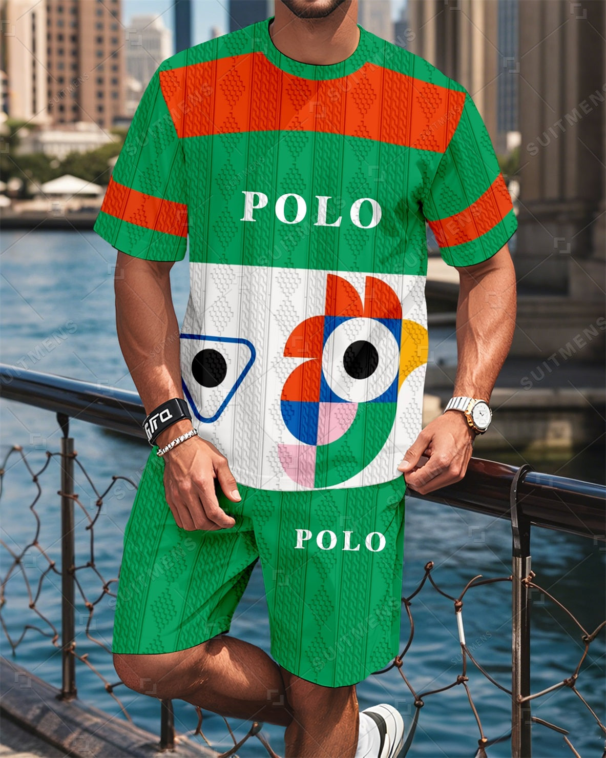 Men's Colorblock Round Neck Jacquard Texture Print Shorts Set  0014
