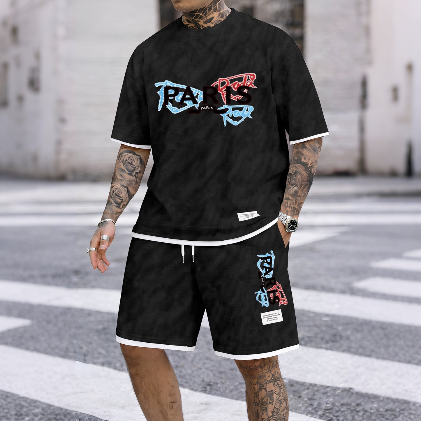 Men's PARIS Red & Blue Graffiti Letter Print Short Sleeve T-Shirt & Shorts Set, Summer Lightweight Waffle Sporty Casual Two-Piece Outfit, Streetwear for Gym & Daily Wear