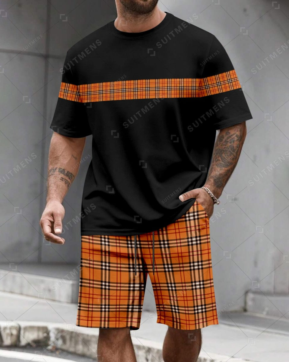 Men's Summer Colorblock Plaid Print Round Neck Set 478
