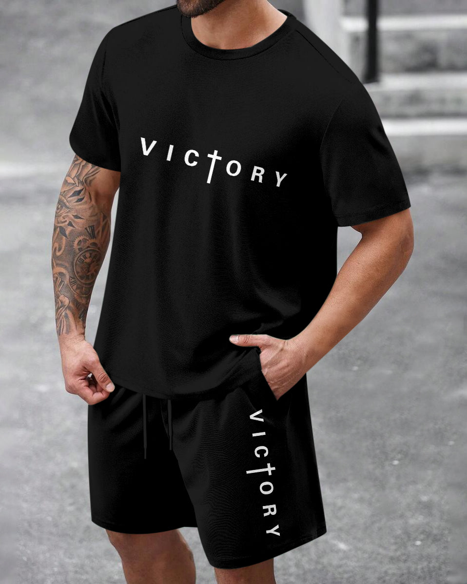 Men's Summer Colorblock Printed Round Neck Set 467