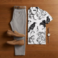 Men's Casual White Bird Ink Painting Print Short-Sleeve Shirt And Trousers Two-Piece Set