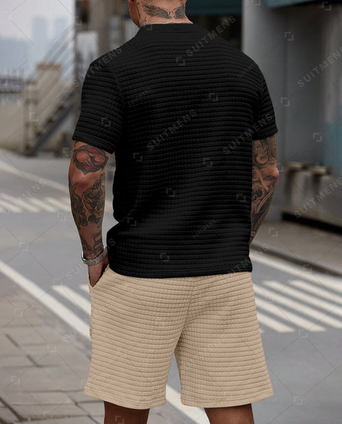 Men's Casual Waffle Textured Summer Round Neck Short Sleeve Shorts Set 0026
