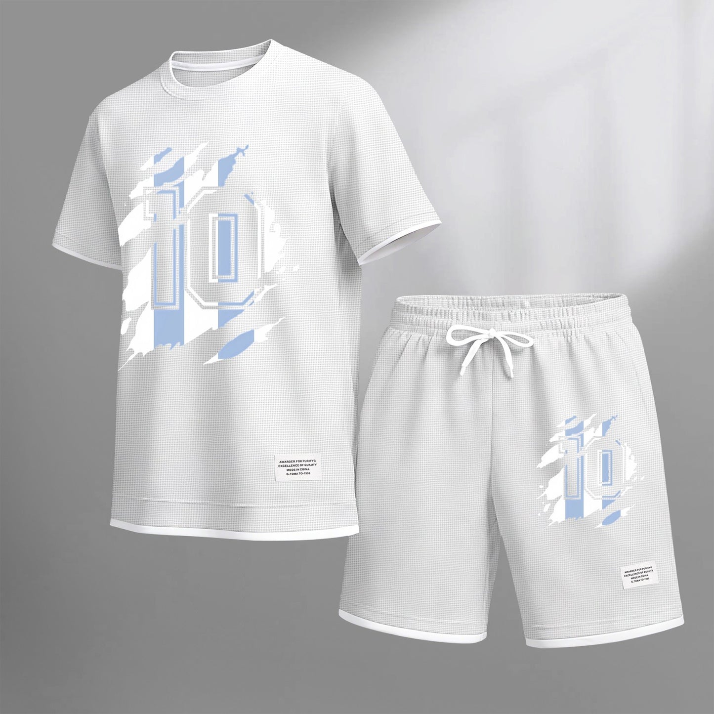 Men's classic number 10 printed drawstring shorts set, suitable for spring and summer wear. This casual summer set includes a short-sleeved shirt and shorts, perfect for everyday wear and sports.