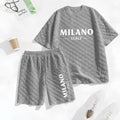 Men's Spring and Summer Milan Letter Print Checkered Fabric Drawstring Shorts Set, Casual Summer Outfit with Short-Sleeved Shirt and Shorts, Ideal for Everyday Wear and Sports Activities.