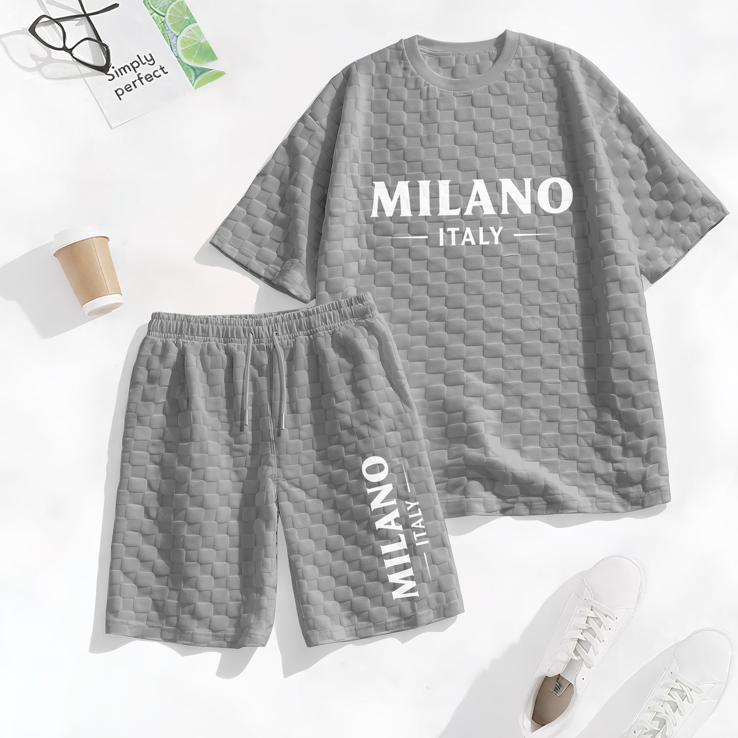 Men's Spring and Summer Milan Letter Print Checkered Fabric Drawstring Shorts Set, Casual Summer Outfit with Short-Sleeved Shirt and Shorts, Ideal for Everyday Wear and Sports Activities.