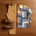 Men's Casual Brown & Blue Geometry Printed Polo Shirt And Pants Two-Piece Set