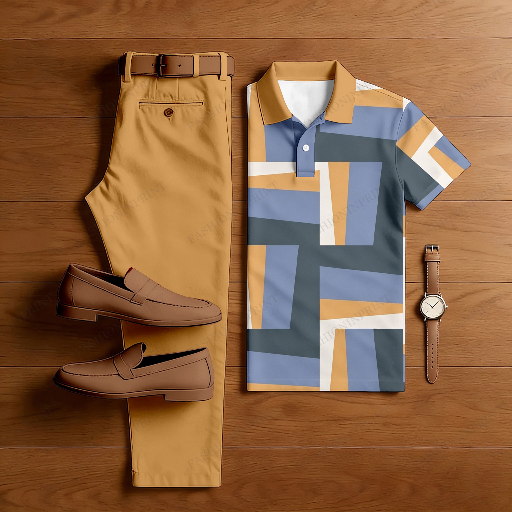 Men's Casual Brown & Blue Geometry Printed Polo Shirt And Pants Two-Piece Set