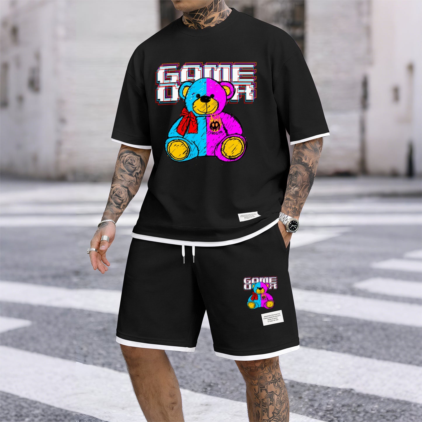Men's Bear Graphic Print Short Sleeve Shirt and Drawstring Shorts Set, Casual Summer Two-Piece Outfit, Lightweight Breathable Relaxed Fit Athletic Set for Daily Wear, Beach, Vacation, Travel and Loungewear