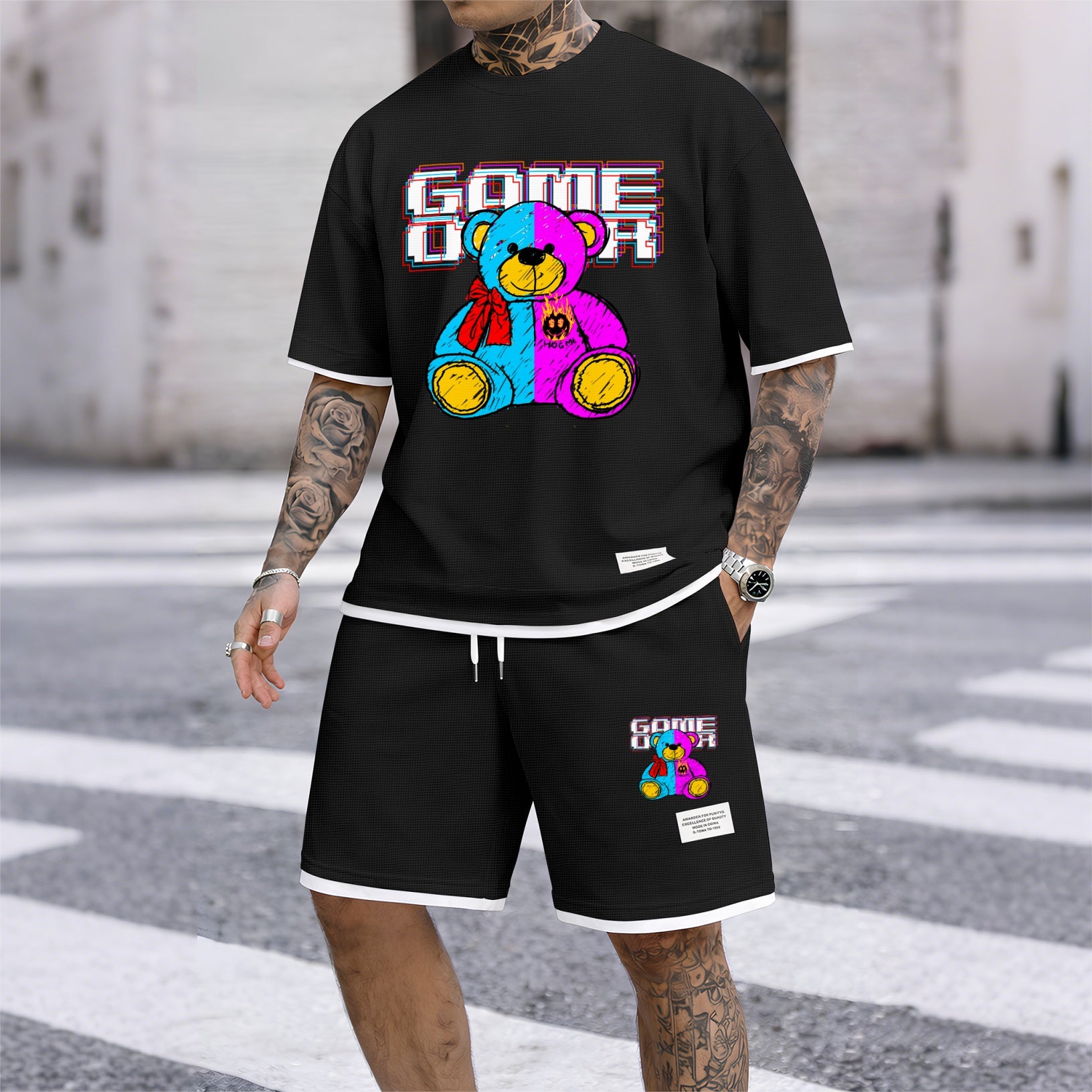Men's Bear Graphic Print Short Sleeve Shirt and Drawstring Shorts Set, Casual Summer Two-Piece Outfit, Lightweight Breathable Relaxed Fit Athletic Set for Daily Wear, Beach, Vacation, Travel and Loungewear