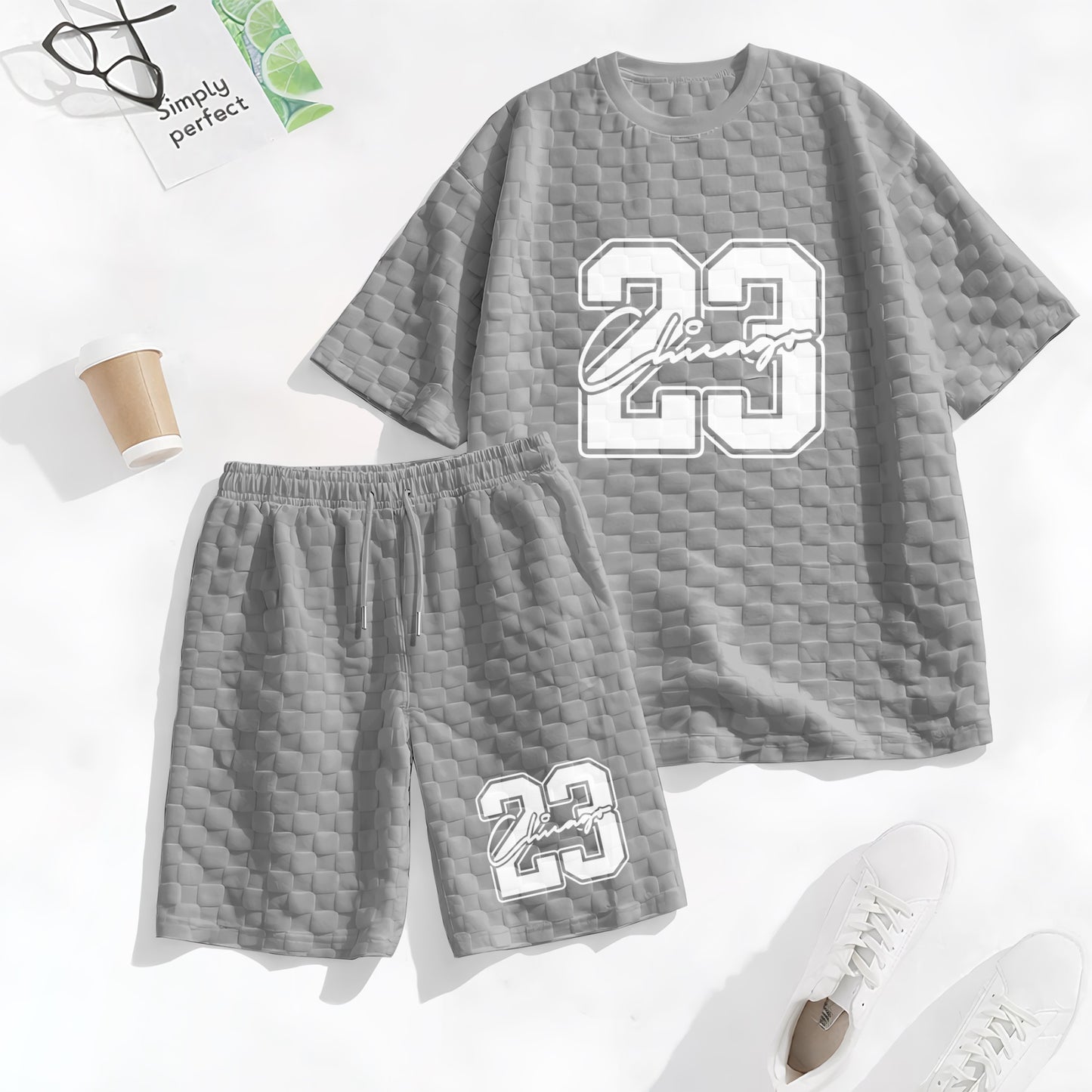 Men's No. 23 Graphic Print Spring And Summer Drawstring Shorts Set, A Casual Summer Outfit, Including A Short-Sleeved Shirt And Shorts, Suitable For Everyday Wear And Sports Activities. A Two-Piece Set For A Relaxed And Active Lifestyle.
