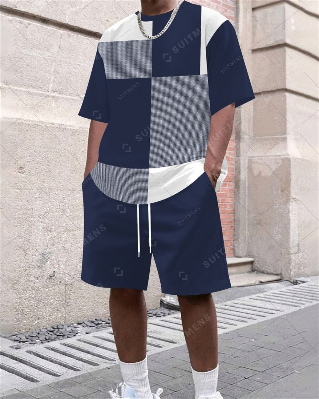 Men's Summer Color Matching Print Round Neck Set 312