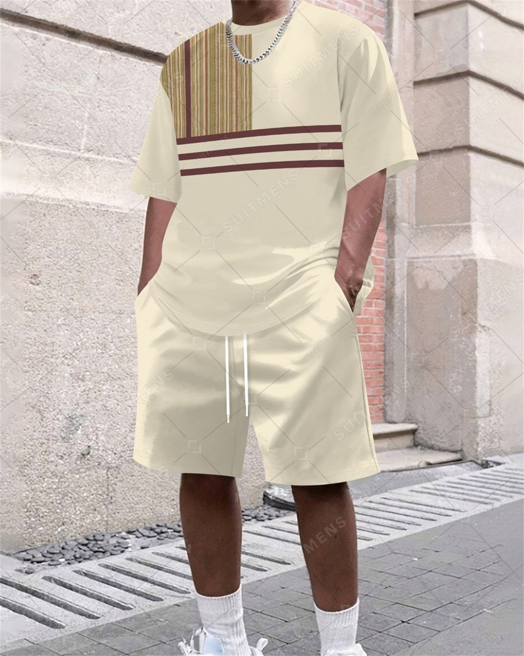 Men's Summer Color Matching Print Round Neck Set 311
