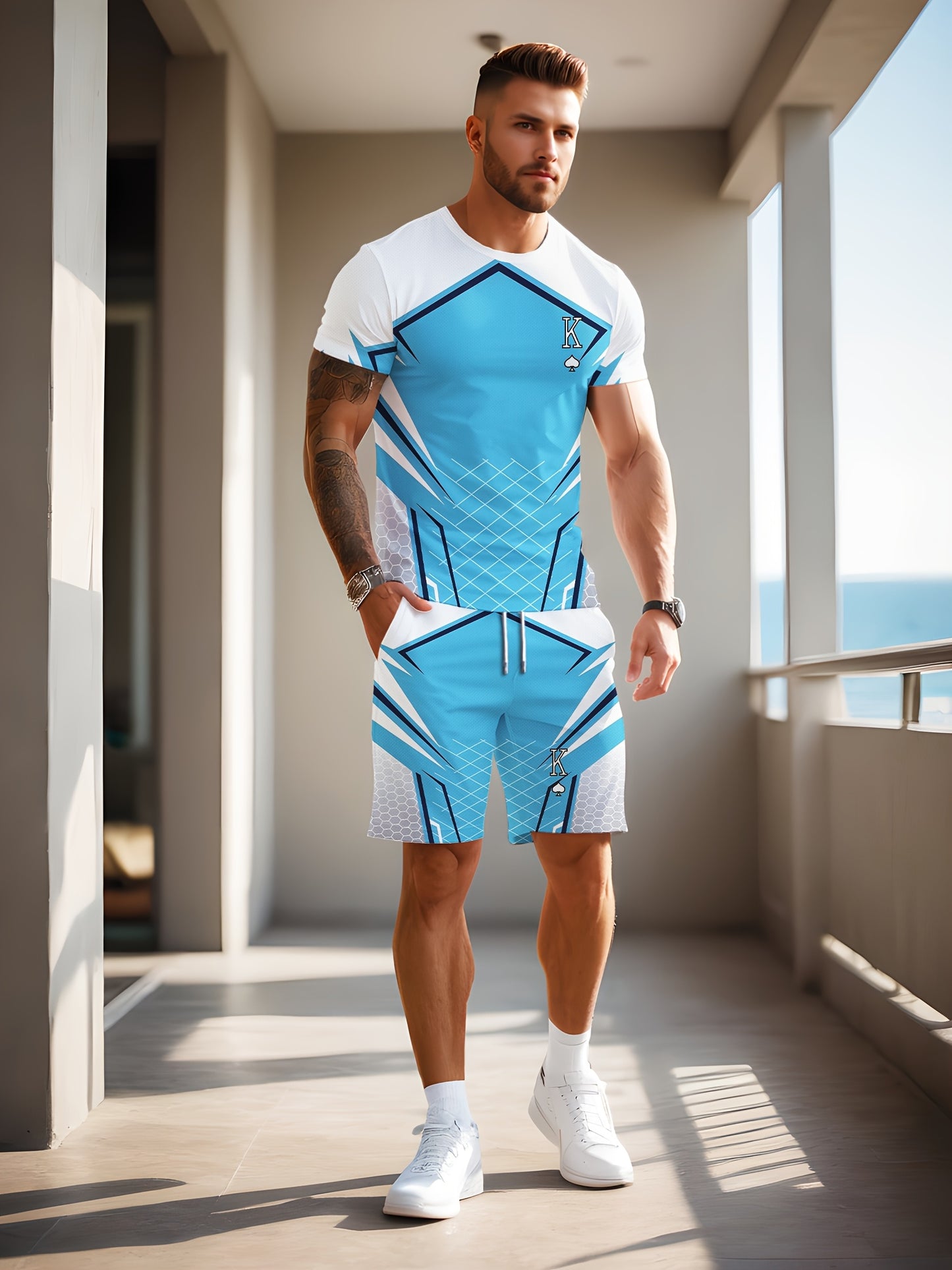 Men's Summer Color Matching Print Round Neck Set 990