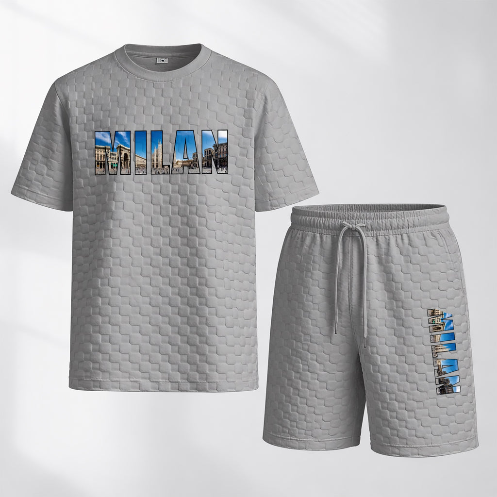 Men's Spring and Summer Milan Letter Print Checkered Fabric Drawstring Shorts Set, Casual Summer Outfit with Short-Sleeved Shirt and Shorts, Ideal for Everyday Wear and Sports Activities