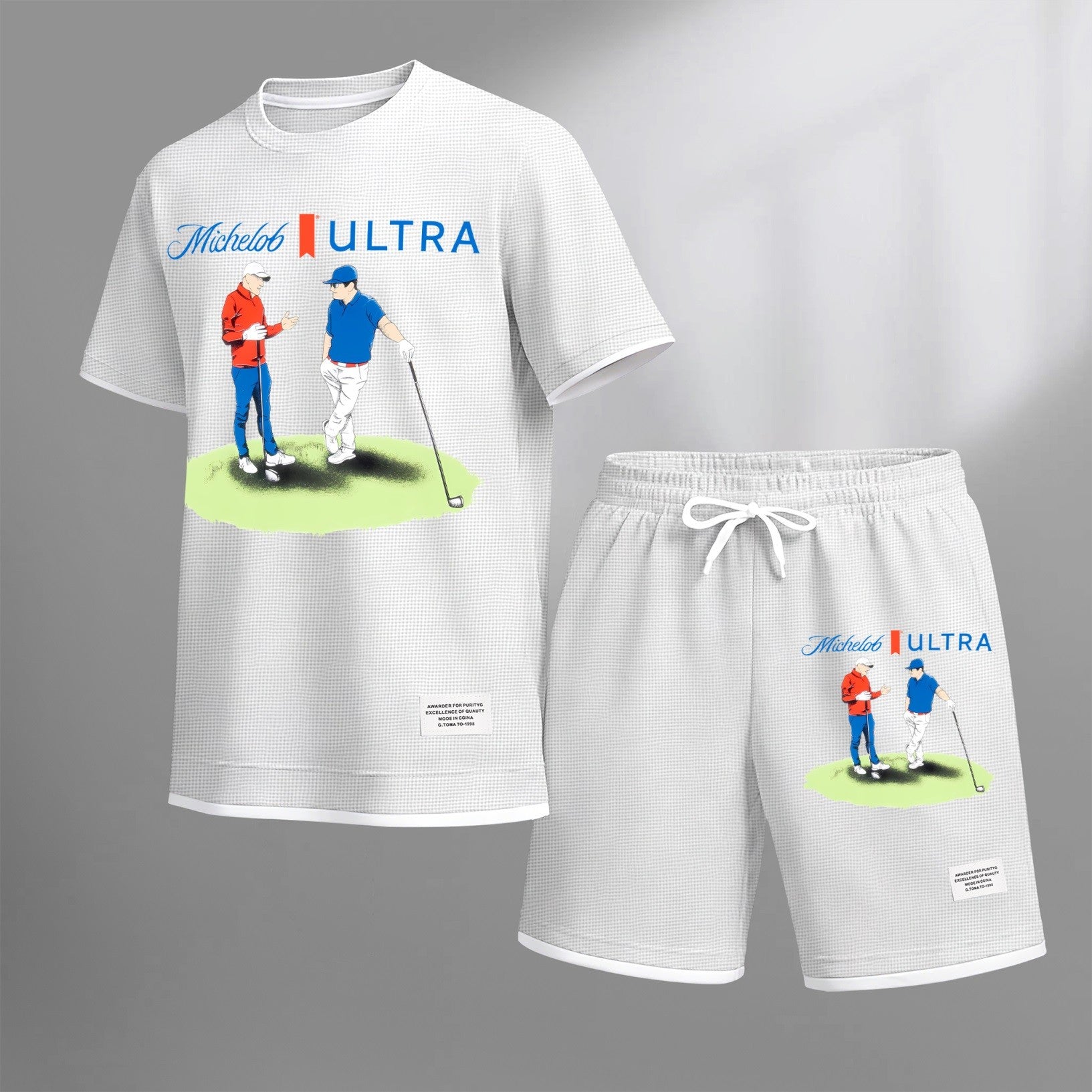 Men's vintage beverage print drawstring shorts set, suitable for spring and summer wear. This casual summer set includes a short-sleeved shirt and shorts, perfect for everyday wear and sports. Two-piece set design.