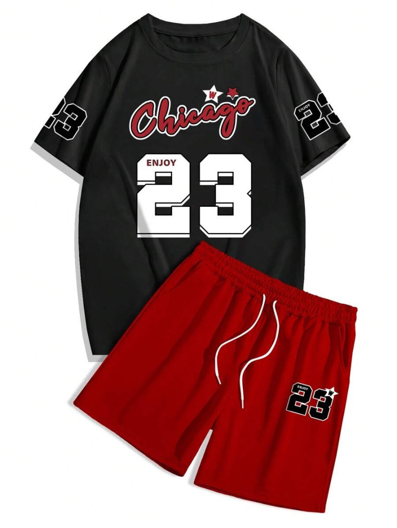 Men's Summer Letter Print Round Neck Set 270