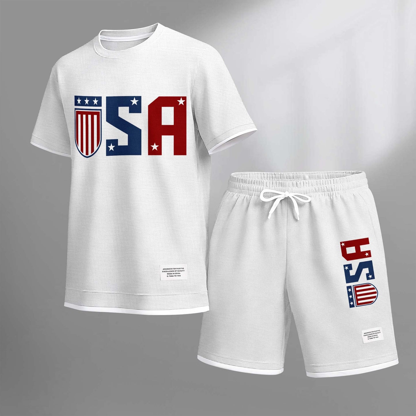 Men's USA Star Print Drawstring Shorts Set For Spring/Summer. A Casual Summer Outfit, Including A Short-Sleeved Shirt And Shorts, Suitable For Everyday Wear And Sports. A Two-Piece Set For A Relaxed And Energetic Lifestyle.