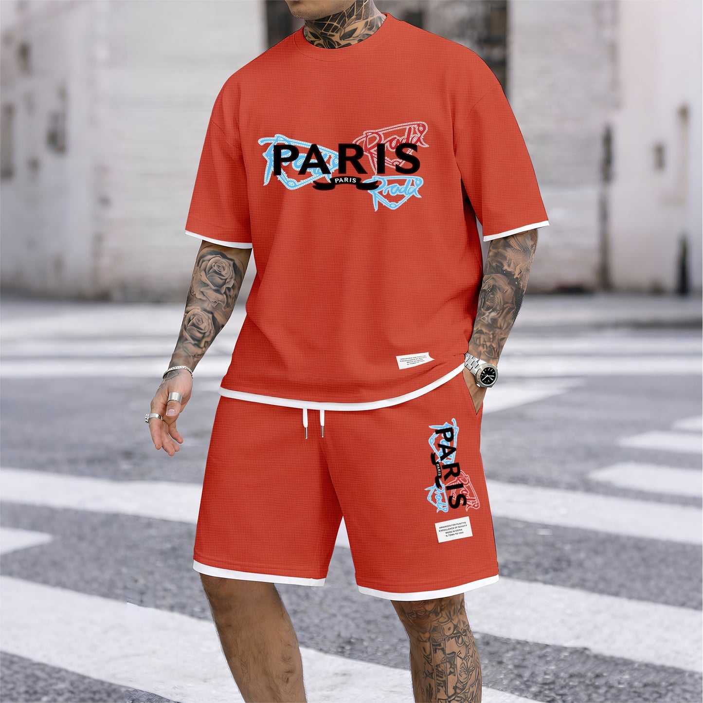 Men's PARIS Red & Blue Graffiti Letter Print Short Sleeve T-Shirt & Shorts Set, Summer Lightweight Waffle Sporty Casual Two-Piece Outfit, Streetwear for Gym & Daily Wear