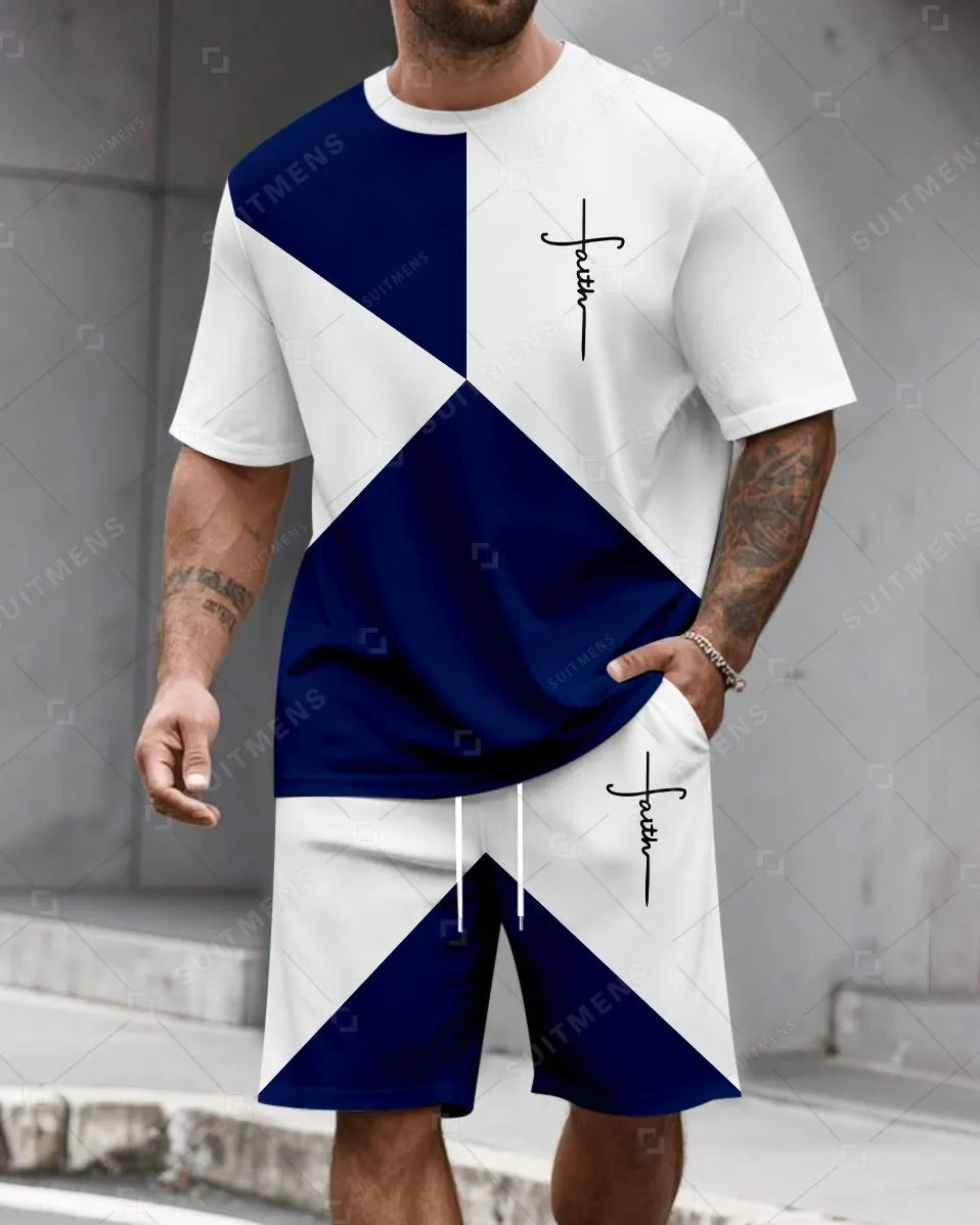 Men's Summer Colorblock Printed Round Neck Set 485