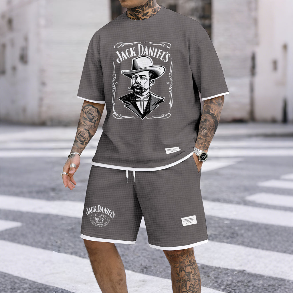 Men's Beer Print Drawstring Shorts Set, Suitable For Spring And Summer Wear, Casual Summer Set, Including Short-Sleeved Shirt And Shorts, Suitable For Everyday Wear And Sports 04