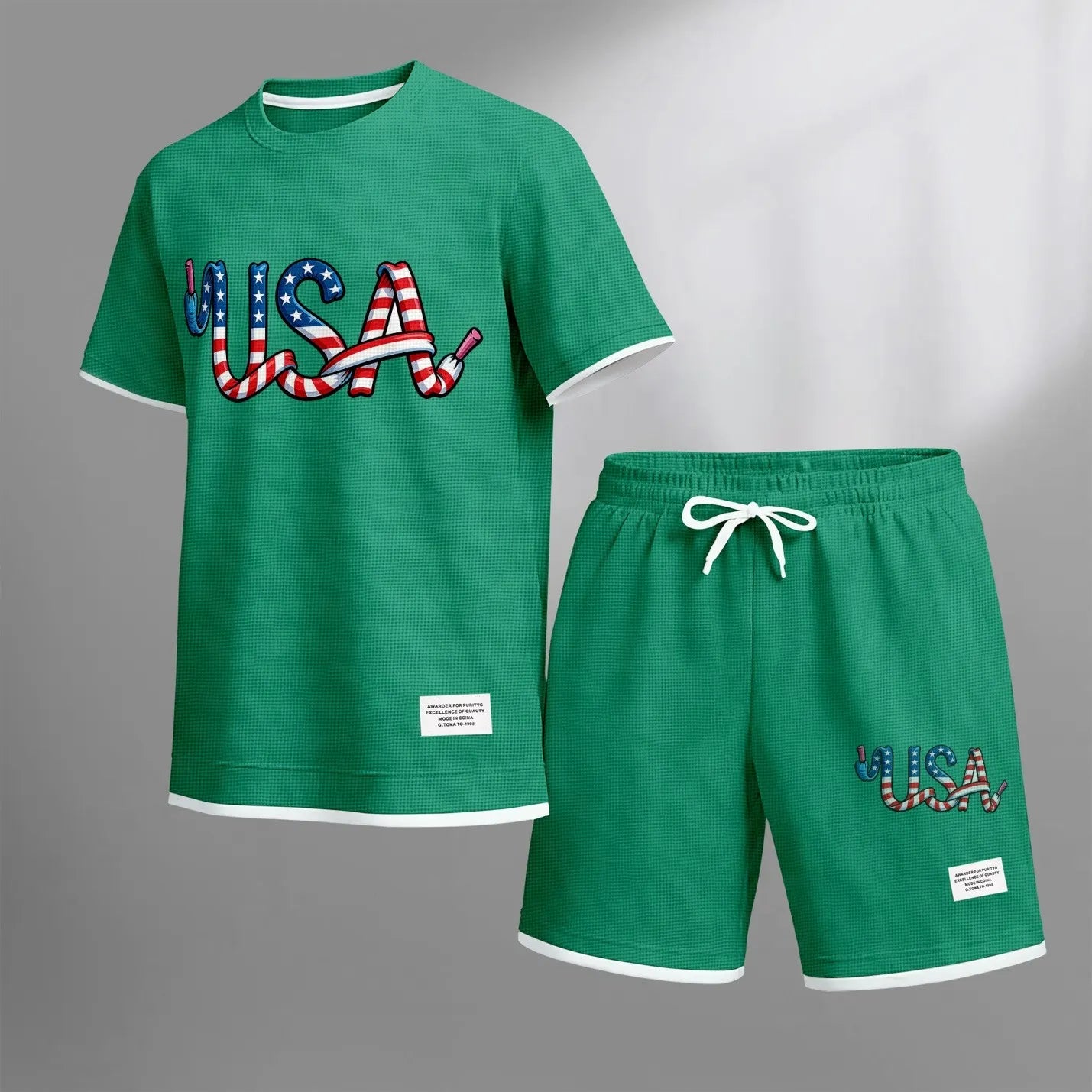 Men's USA print drawstring shorts set for spring/summer, a casual summer outfit including a short-sleeved shirt and shorts, suitable for everyday wear and sports. A two-piece set for a relaxed and energetic lifestyle.