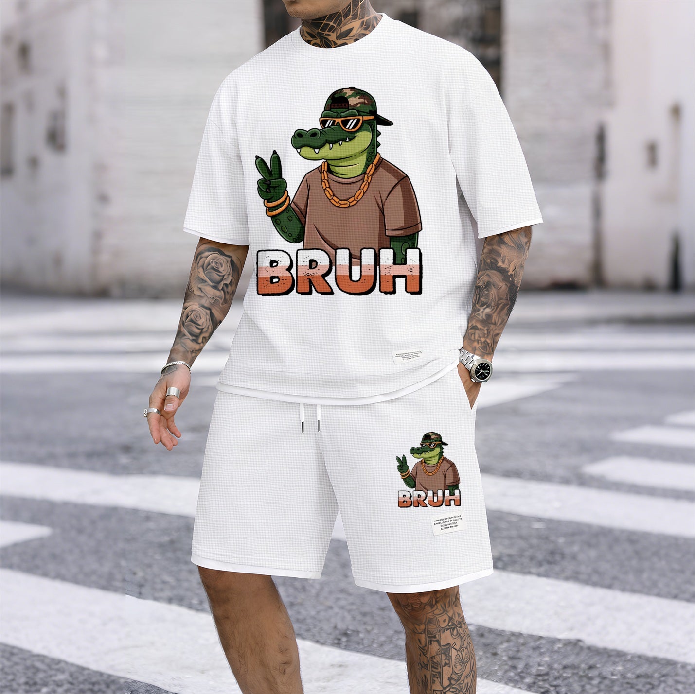 Men's Hip-Hop Street Style Funny Animal Graphic Print Short Sleeve Shirt and Drawstring Shorts Set, Casual Summer Two-Piece Outfit, Lightweight Breathable Relaxed Fit Sportswear, Stylish Comfortable Daily Wear Beach Vacation Travel Loungewear