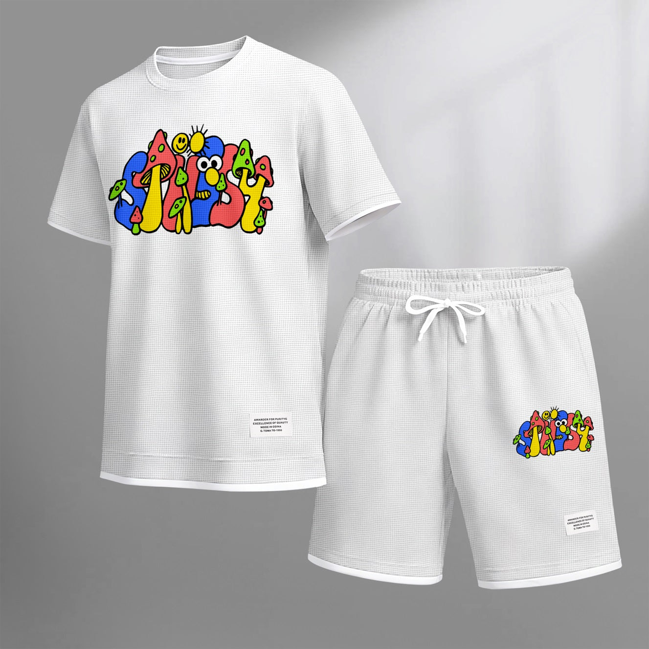 Men's Cartoon Mushroom Doodle Print Waffle Fabric Short-Sleeved Shirt And Shorts Set