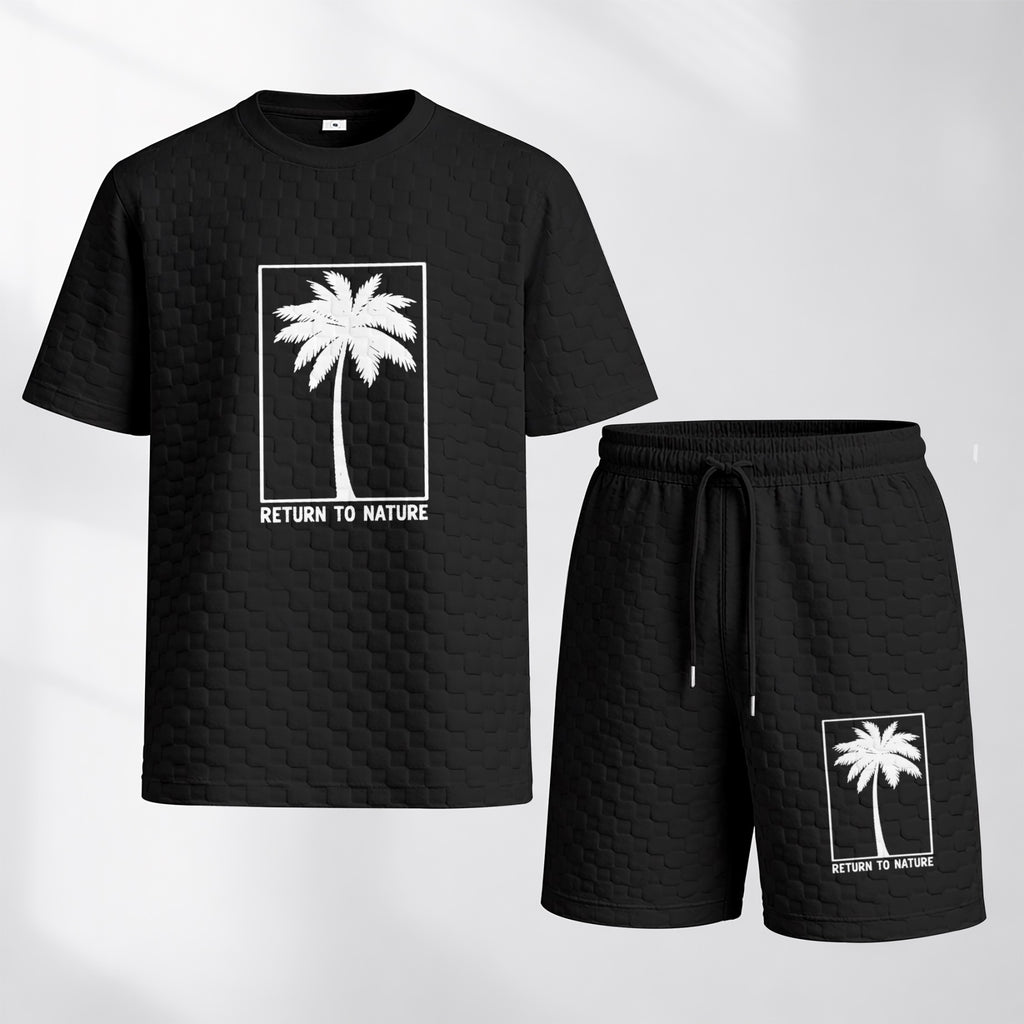 Men's Palm Print Spring And Summer Drawstring Shorts Set, A Casual Summer Outfit, Including A Short-Sleeved Shirt And Shorts, Suitable For Everyday Wear And Sports Activities.