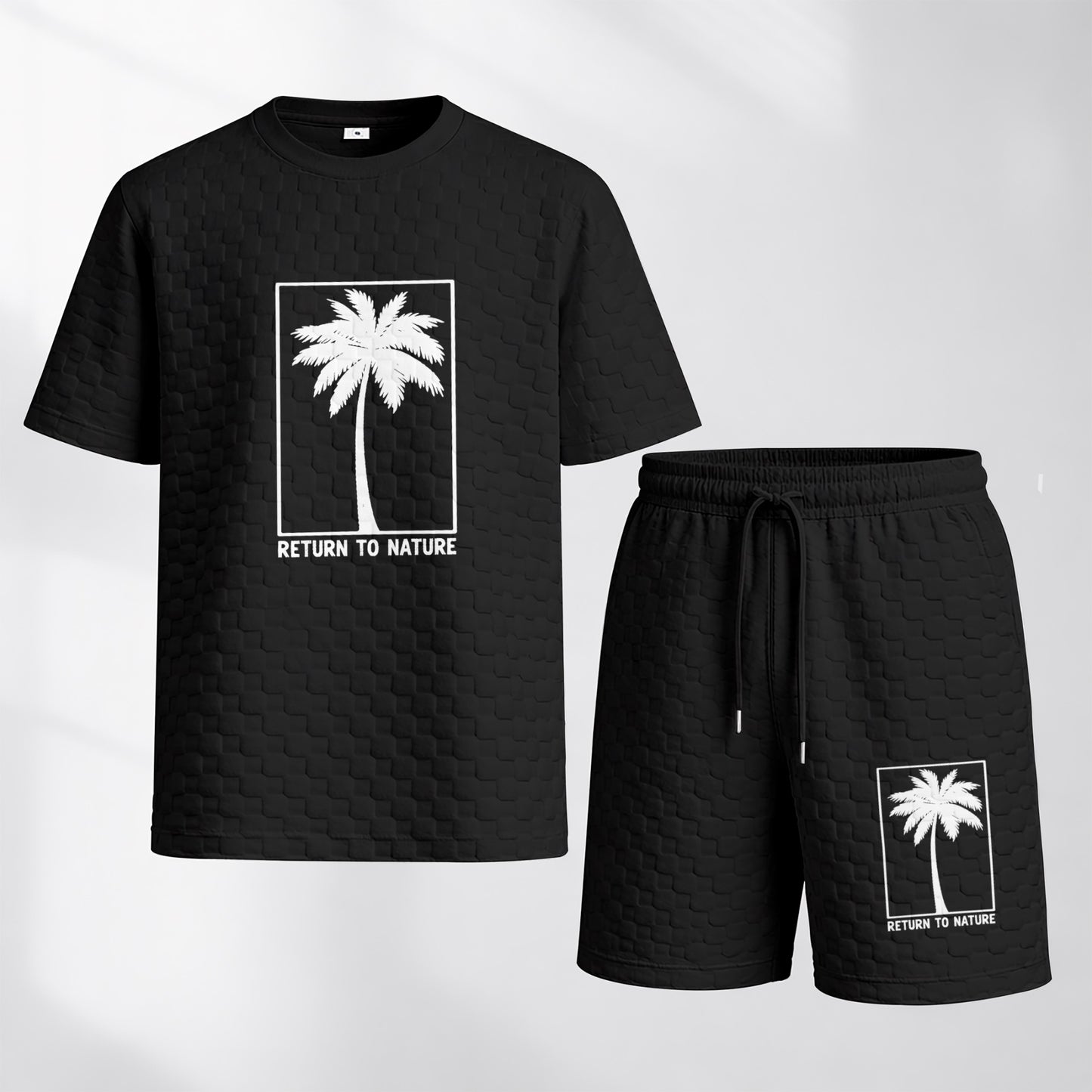 Men's Palm Print Spring And Summer Drawstring Shorts Set, A Casual Summer Outfit, Including A Short-Sleeved Shirt And Shorts, Suitable For Everyday Wear And Sports Activities.