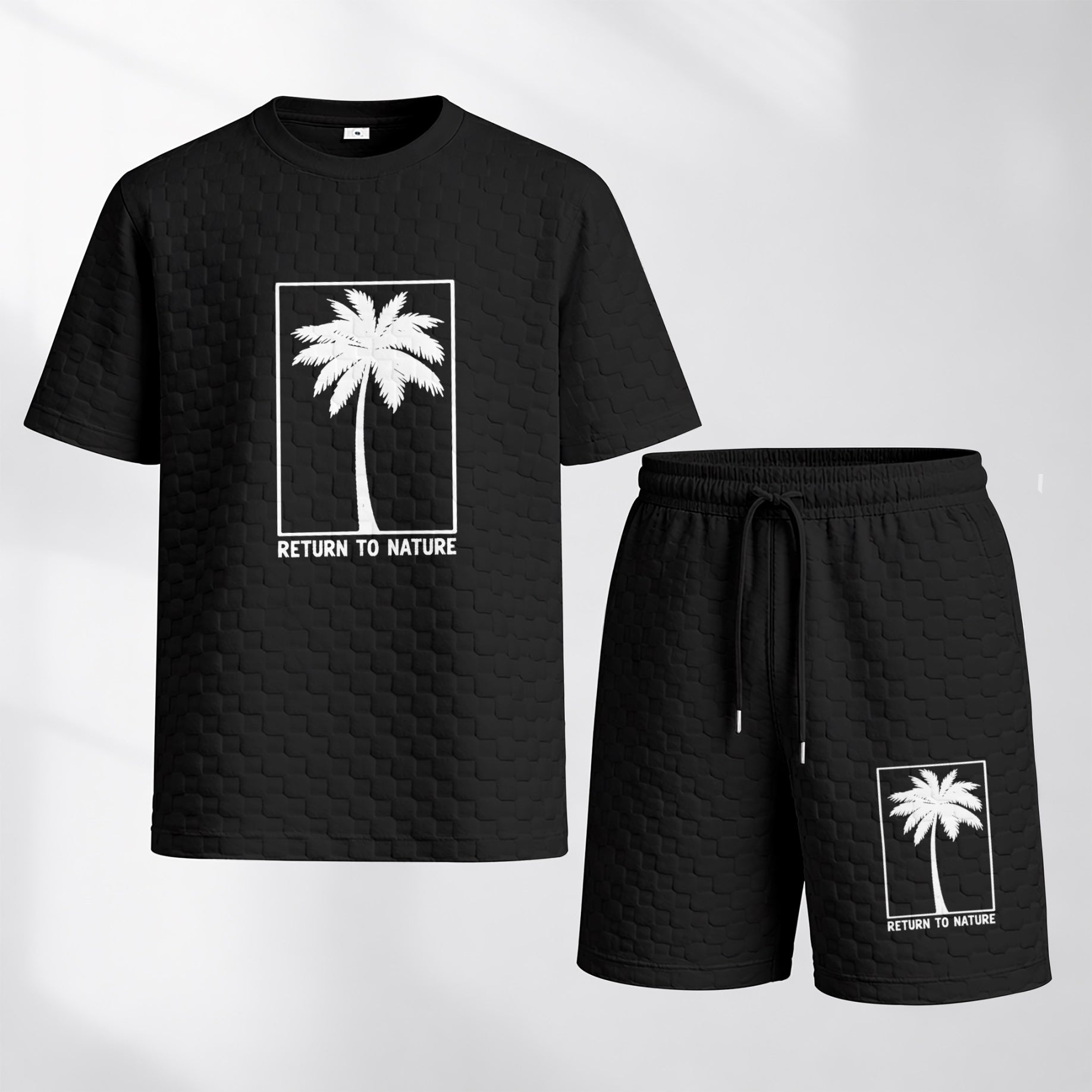 Men's Palm Print Spring And Summer Drawstring Shorts Set, A Casual Summer Outfit, Including A Short-Sleeved Shirt And Shorts, Suitable For Everyday Wear And Sports Activities.